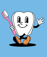 Flat Design Illustration with Character Fun Tooth and Brush