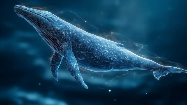 Futuristic whale swimming in digital ocean