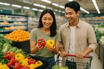 Couple shopping fresh vegetables happily.