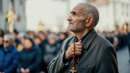 Elderly man holding rosary, praying during outdoor religious event