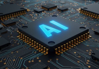 Close-up of ai chip on circuit board with glowing blue letters, technology concept