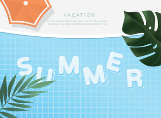 Naklejka premium Summer template with swimming pool and leaves.