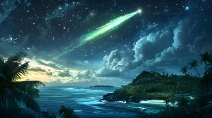 Bright green comet above a tropical island during a meteor shower