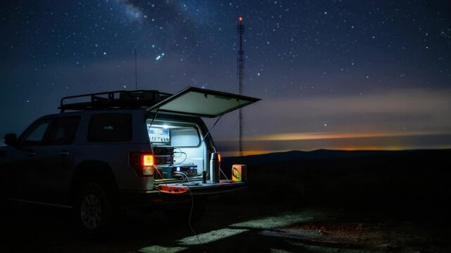Nighttime car camping with open trunk and starlit sky