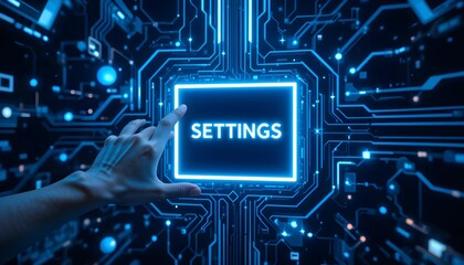 A hand poised to touch a glowing blue SETTINGS button displayed on a high-tech digital interface filled with intricate circuit patterns, symbolizing the interaction between users and technology.