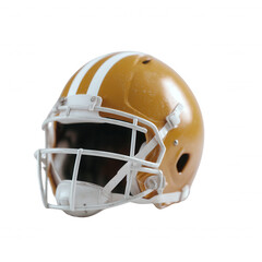 Fototapeta premium A vibrant and detailed close-up of an American football helmet featuring a glossy golden exterior and white stripes, isolated against a clean background.