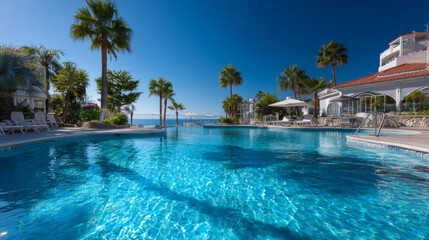 Choose best hotel isometric landing page, booking service for tourists, building exterior with accommodation options as pool, wi-fi, family room, breakfast, parking and sea view, 3d vector web banner