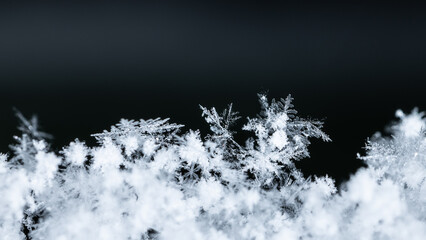 Beautiful snowflakes creating a winter wonderland with intricate frozen ice crystals on a dark background