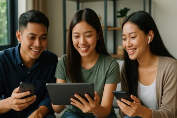 Friends enjoying digital devices together.