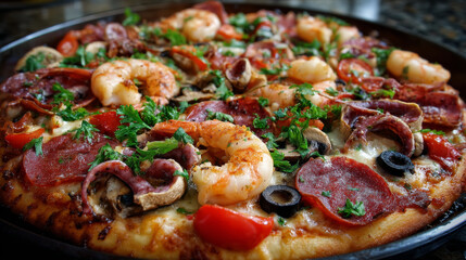 Appetizing pizza set isolated on white. Vector cartoon illustration of homemade or restaurant baked traditional Italian food, dough base with sauce, cheese, tomato, pepper, mushrooms, salami, seafood