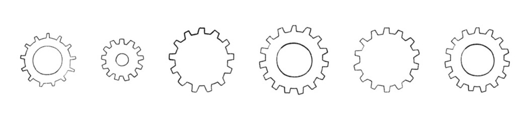 Gear doodle sketch with robot process concept. Mechanical tools artwork. Flat vector illustration isolated on white background.