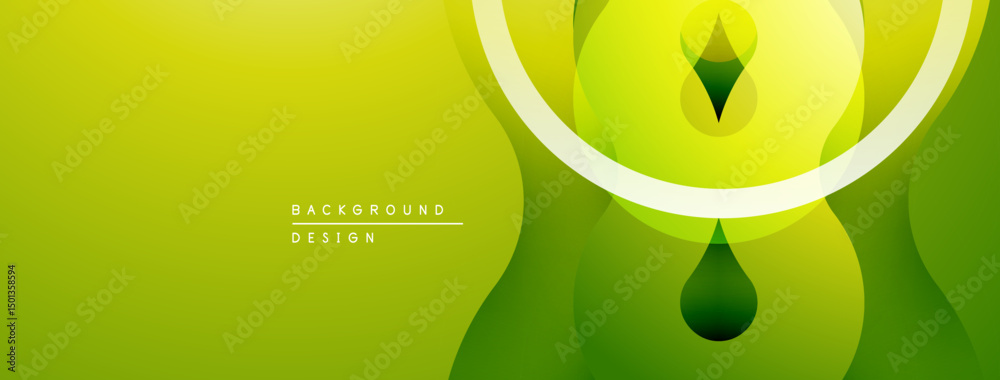 Poster Abstract green design. Overlapping circles, curved lines create modern visual effect. Gradient shades offer depth, texture.