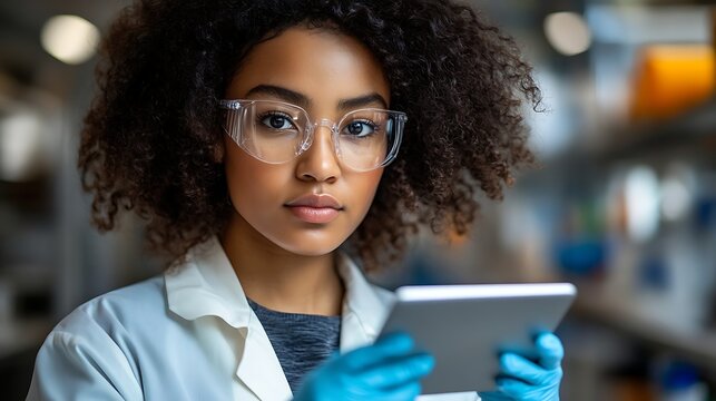 chemical safety laboratory technician checking safety protocols on digital tablet wearing lab coat and protective gloves bright modern lab