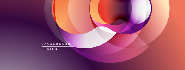 Abstract design features overlapping circles, gradients. Purple, orange hues create modern visual effect. Smooth transitions dominate composition.