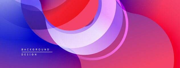 Abstract colorful layers create dynamic flowing shapes. Gradient transitions blend blue, purple, red hues. Modern design element.
