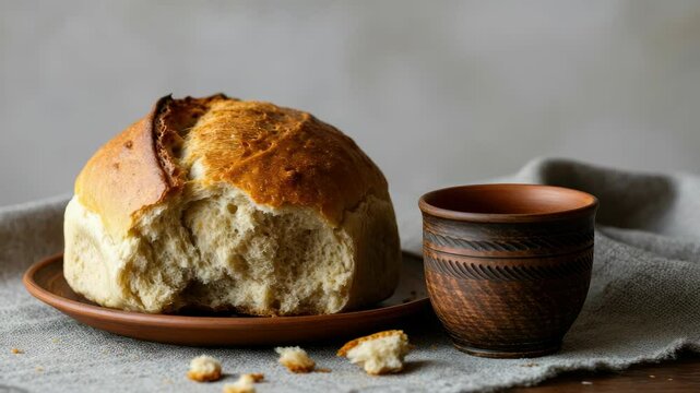 Traditional bread served on plate with cup cloth