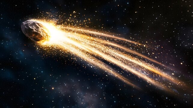 A comet breaking apart in deep space, scattering fragments