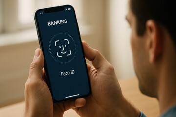 A man prepares to use Face ID authentication to access mobile banking, holding a phone in front of his face at home.