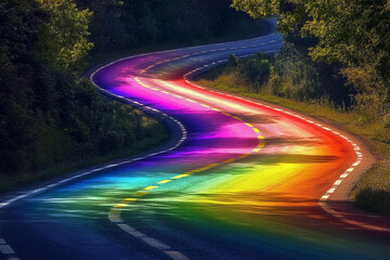 Colorful rainbow road stretches through green hills under a clear blue sky
