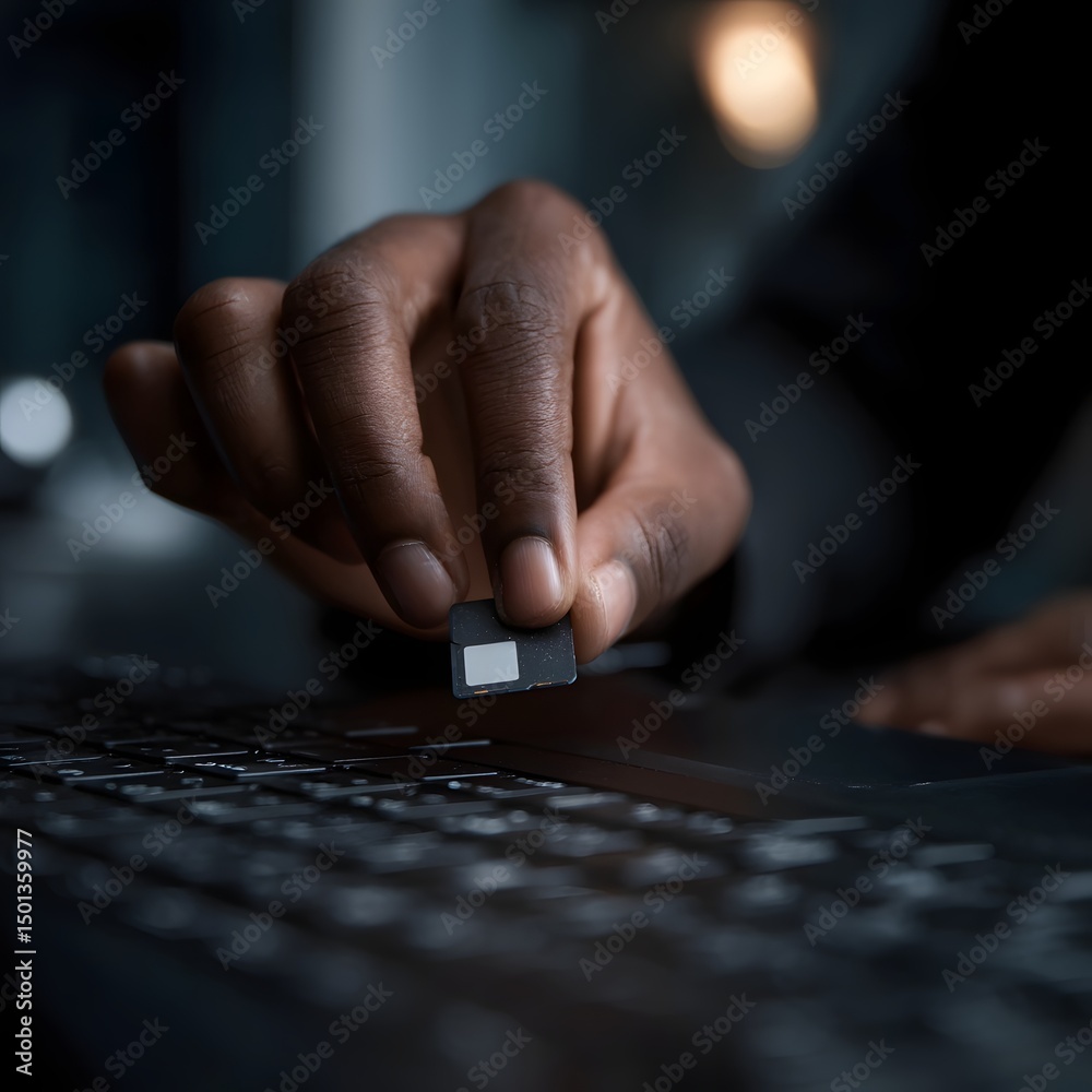 Poster a hand inserting an object into a computer keyboard