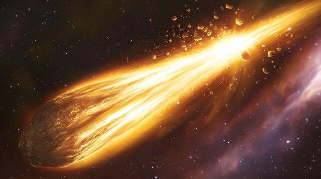 A comet breaking apart in deep space, scattering fragments