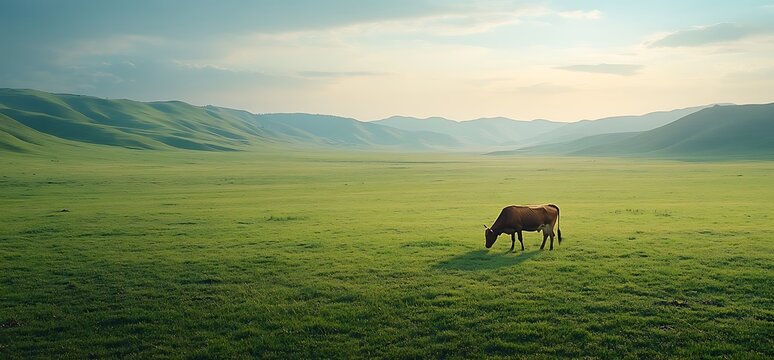 Cow Grazing in Vast Green Pasture with Rolling Hills and Distant Mountains - Powered by Adobe