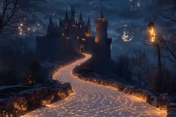 Naklejka premium Majestic castle illuminated by glowing pathway at night under a starry sky