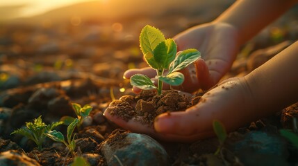 A child's hands gently cradle a vibrant green seedling, ready to be planted into the dry, cracked earth //a symbol of hope and the power to change the world.