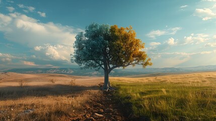 Amidst a landscape perfectly divided in half, a solitary tree stands at the center — one side lush and green, the other withered and lifeless.
