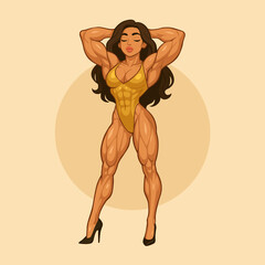 Stylized Illustration of a Muscular Female Bodybuilder Posing