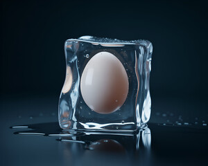 A photograph depicting a pristine white egg suspended within a fractured ice cube against a deep black background
