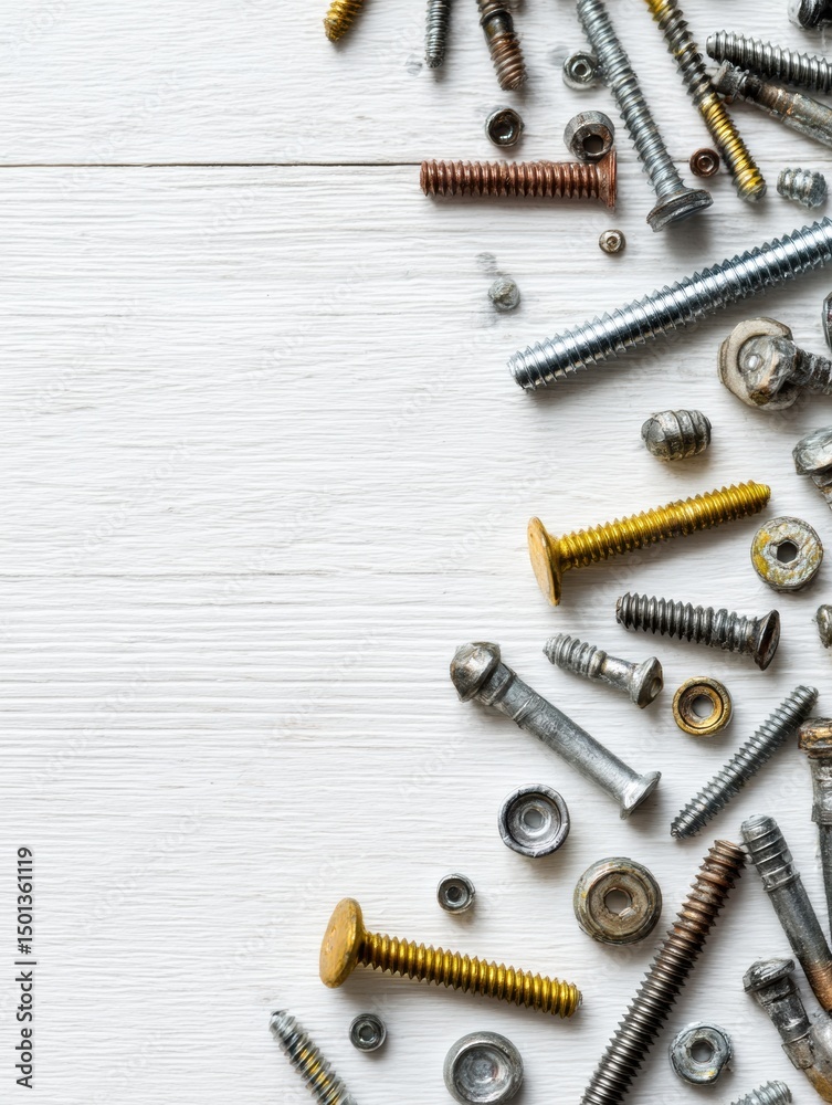 Aufkleber Flatlay Arrangement of Construction Fasteners and Screws on a White Desk With Ample Space in the Upper Margin for Notes or Labels
