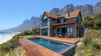 Luxurious beachfront house with a modern pool deck.