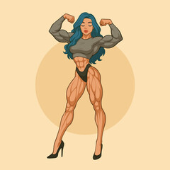 Stylized Illustration of a Muscular Female Bodybuilder Posing