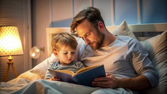 Before go to night or daytime sleep father reading to son fairytale, kid enjoy storytelling lying with daddy in bed feels comfortable, good pastime develop reader skill, have fun at home concept