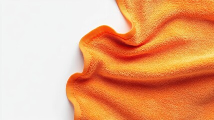A bright orange cloth on a smooth white surface showcases its softness and vibrant hue, creating warmth.