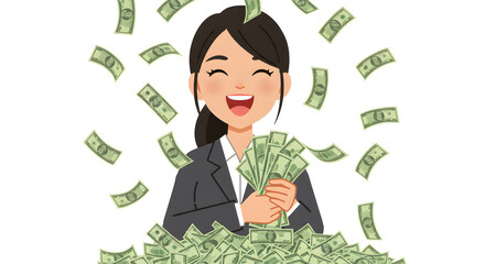 Happy Woman Celebrating Financial Success with Money Rain