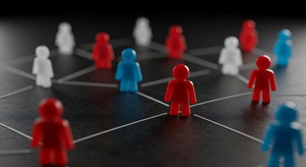 Abstract representation of a connected network of people or concepts on dark background