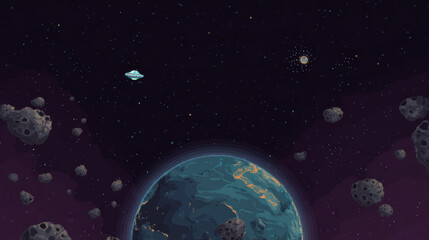 Space game ui level map with planet vector galaxy background. Alien ufo for 2d arcade mobile videogame flying near asteroid in cosmos for high score. Childish adventure app route landscape design