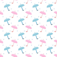 Cute seamless pattern with pink and blue umbrellas on a white background, perfect for baby, fabric, textile, clothing, rain, and spring themed designs.