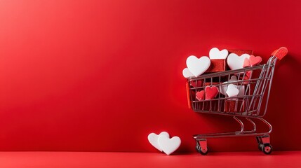 Shopping cart full of hearts on red background, Valentine's Day concept, gifts
