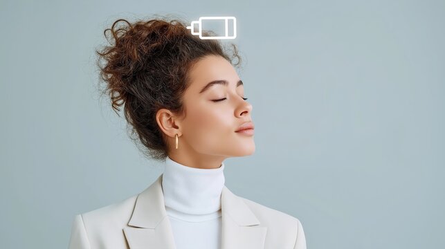 a woman in a cream blazer with a glowing low battery icon above her head, symbolizing mental fatigue and the need for rest. Excellent for topics of burnout, mental health and mindfulness