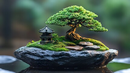 Miniature landscape bonsai art in a raised stone basin with rustic temple backdrop  