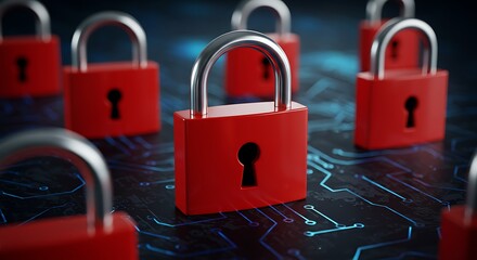 Red padlocks representing security on circuit board illustrating data protection and cyber threats