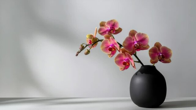 Pink orchids in black vase against neutral background