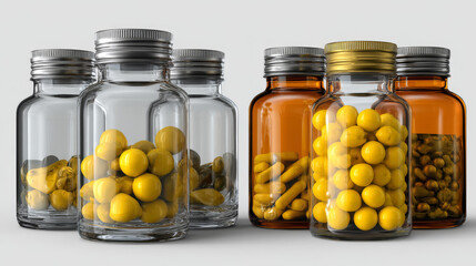 Medicine bottles with yellow pills isolated on transparent background. Vector realistic mockup of glass or plastic transparent container with blank label and lid. 3d jars with medical drugs