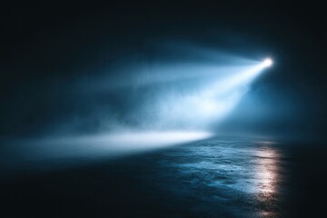 A dramatic empty stage illuminated by blue spotlights, with mist and a textured floor creating a mysterious and atmospheric scene.