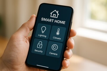 Hand holding smartphone with smart home control interface showing lighting, climate, security, and camera options. Modern automation at your fingertips.