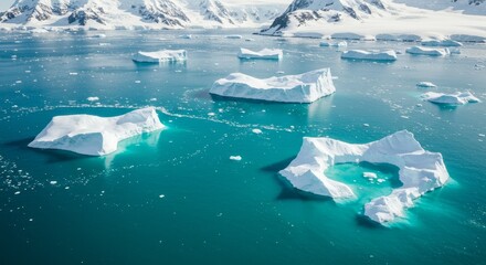 Photo of Icebergs Floating in the Blue Ocean with Mountain Background