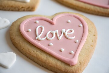 Heart-shaped cookie with pink icing and the word love a sweet treat for Valentines Day or a romantic gift